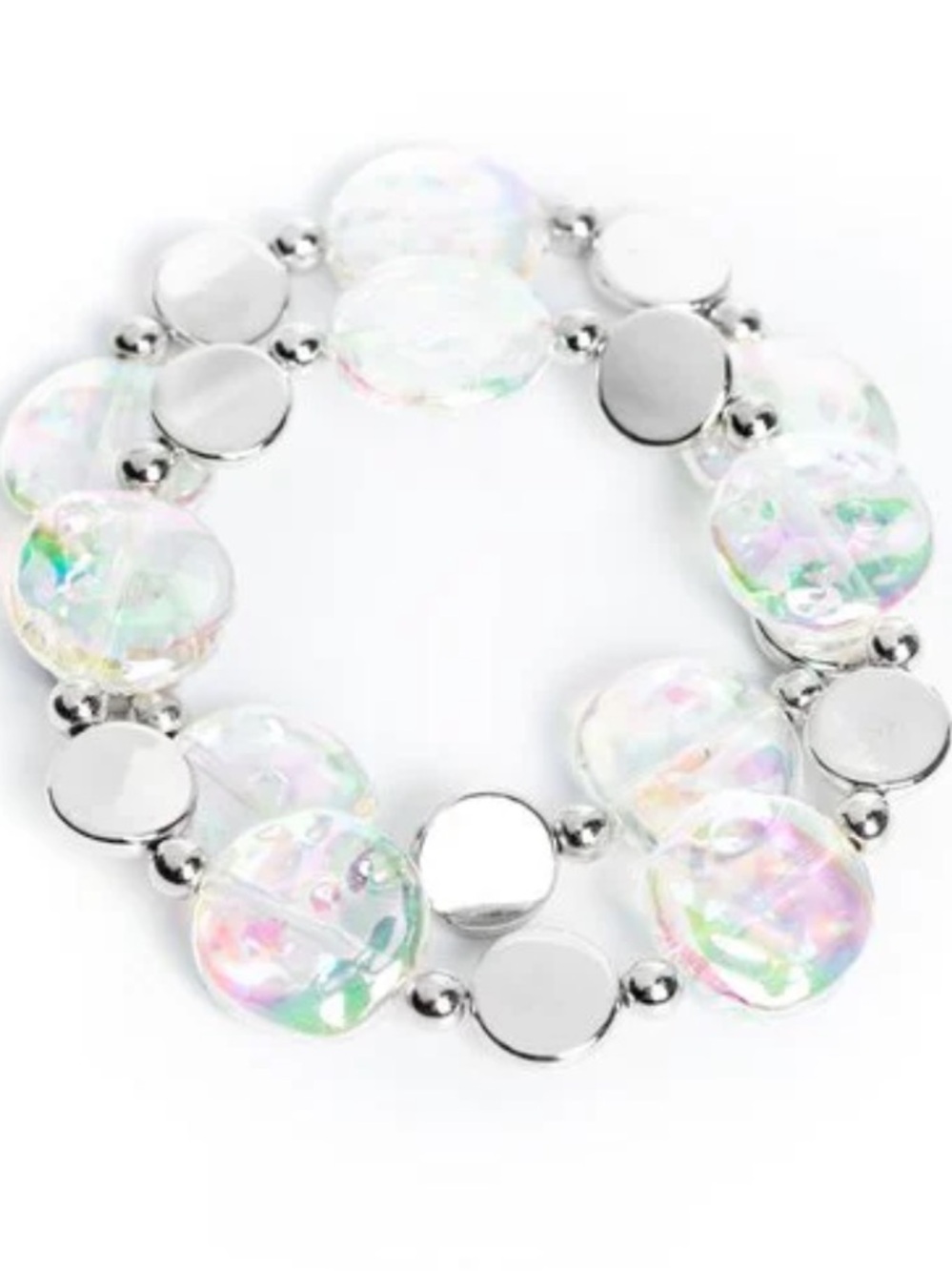 ⚪️💎⚪️ “DISCUS THROW” WHITE IRIDESCENT STRETCH BRACELET ~ PAPARAZZI❗️ ⚪️💎⚪️ - Picture 2 of 5